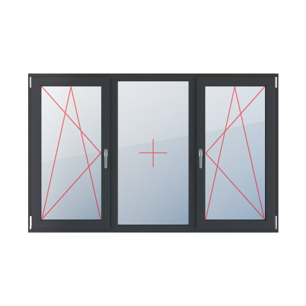 Dreh-Kipp links, Festverglasung im Rahmen, Dreh-Kipp rechts fenster fenstertypen dreifluegelige-fenster symmetrische-horizontale-teilung-33-33-33  