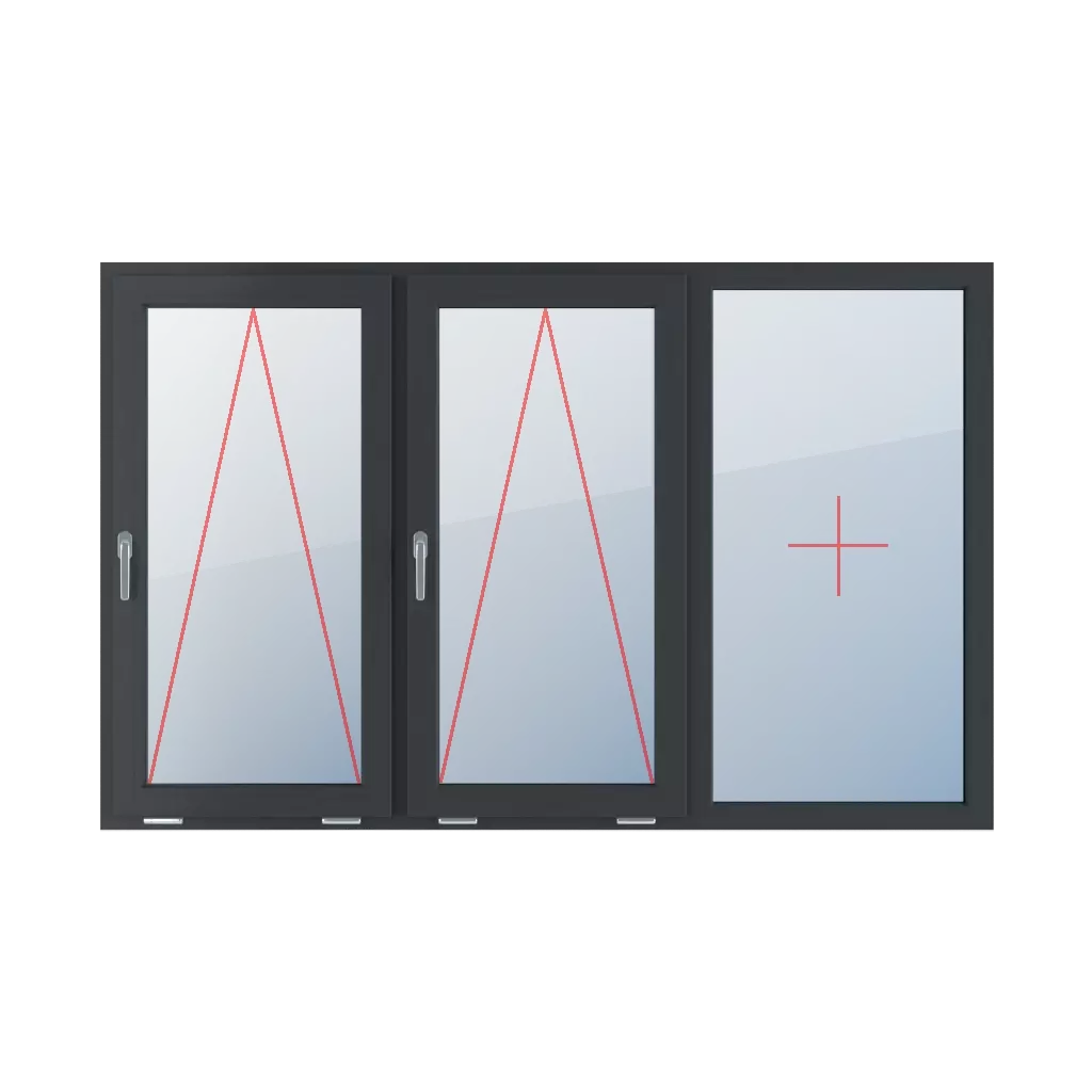 Angeschlagen mit Griff auf der linken Seite, Festverglasung im Rahmen fenster fenstertypen dreifluegelige-fenster symmetrische-horizontale-teilung-33-33-33  