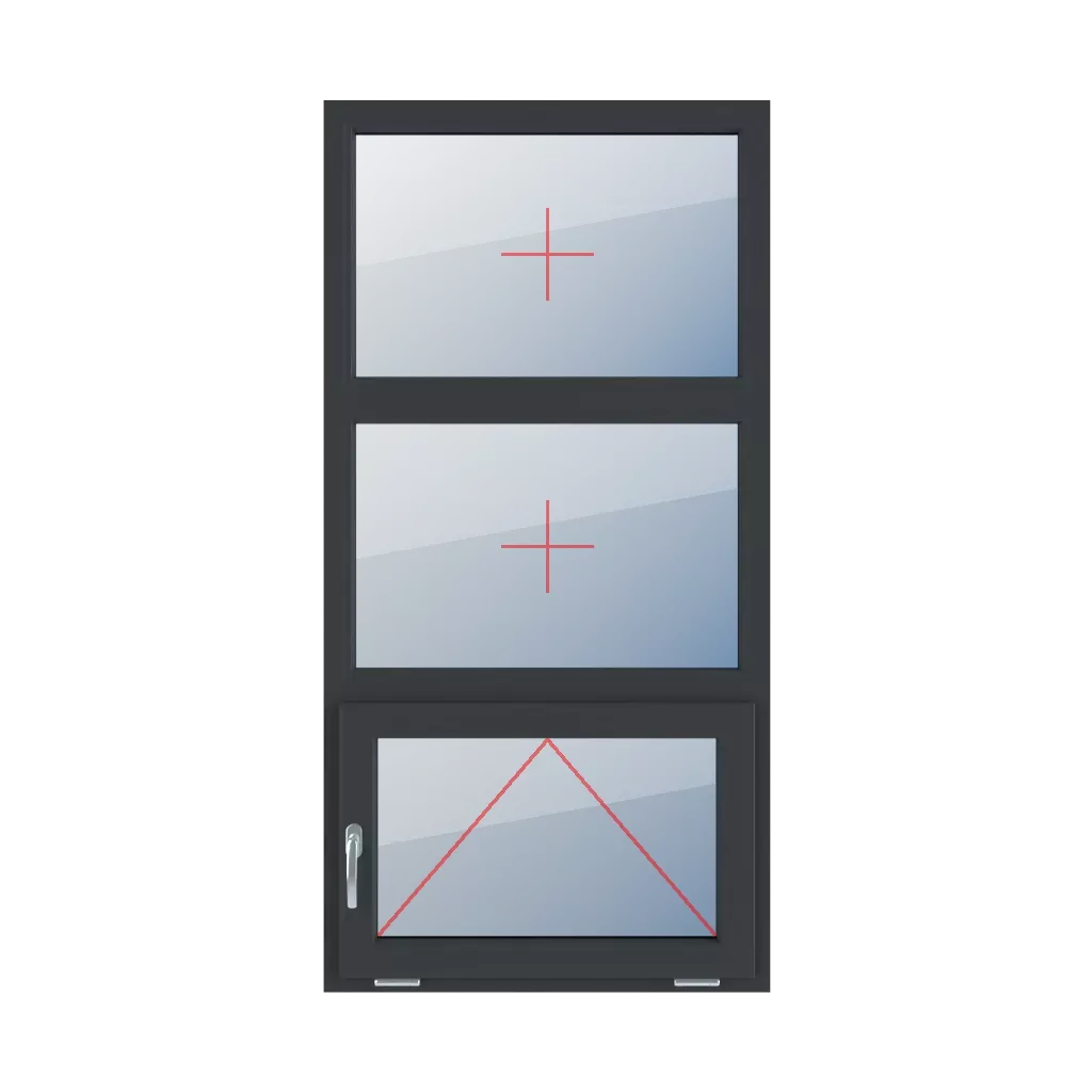 Festverglasung im Rahmen, angeschlagen mit einem Griff auf der linken Seite fenster fenstertypen dreifluegelige-fenster symmetrische-vertikale-teilung-33-33-33  