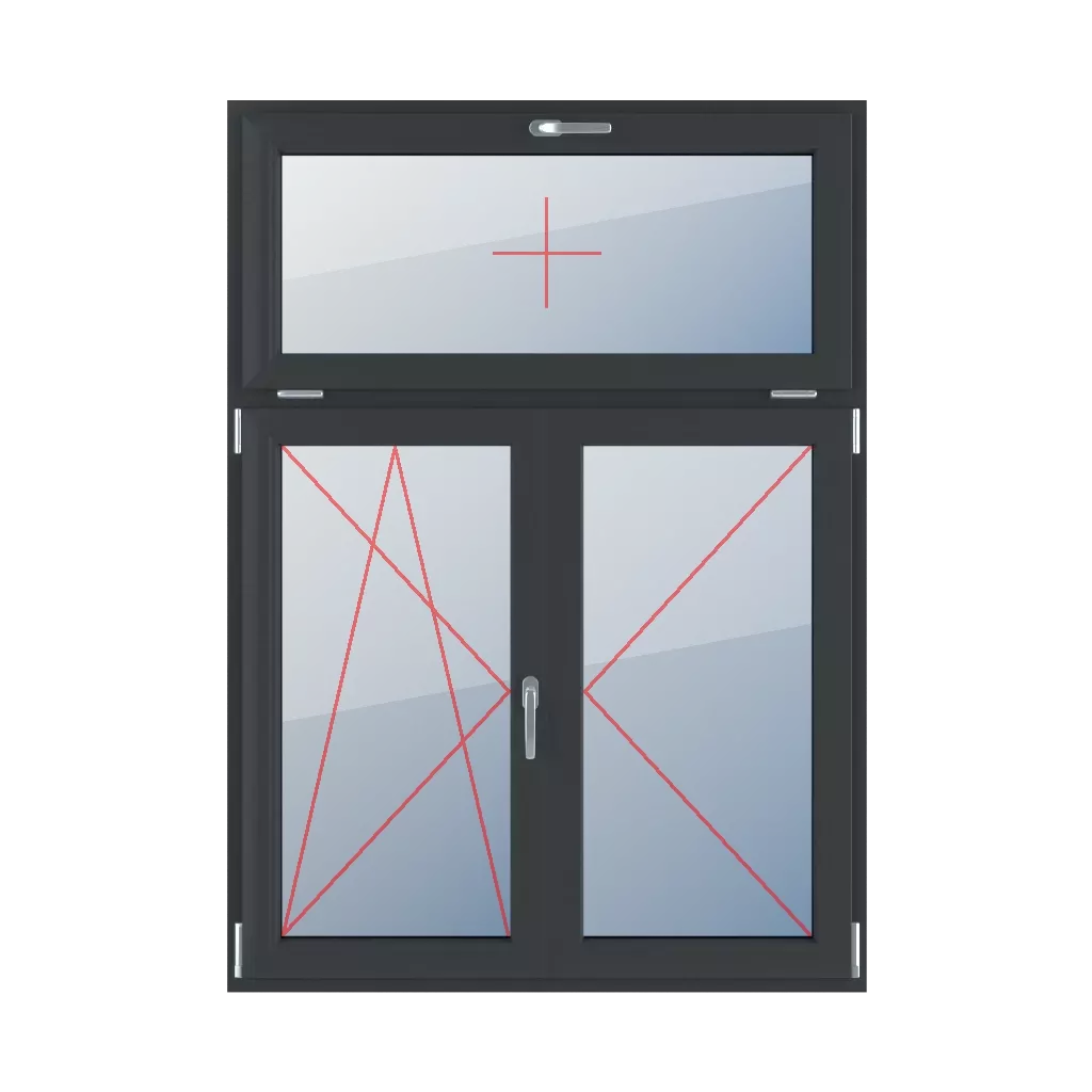 Kippen mit einem Griff oben, Kippen und Drehen nach links, beweglicher Pfosten, Drehen nach rechts fenster fenstertypen dreifluegelige-fenster asymmetrische-vertikale-teilung-30-70-mit-beweglichem-pfosten  