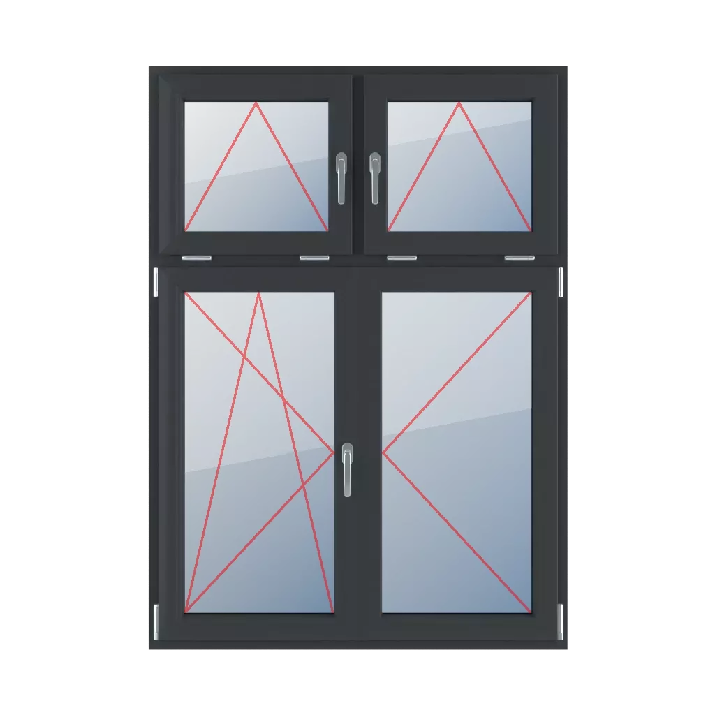 Kippgriffe in der Mitte, Kipp- und Drehgriffe links, beweglicher Pfosten, Drehgriffe rechts fenster fenstertypen vierfluegelige-fenster asymmetrische-vertikale-teilung-30-70-mit-beweglichem-pfosten  