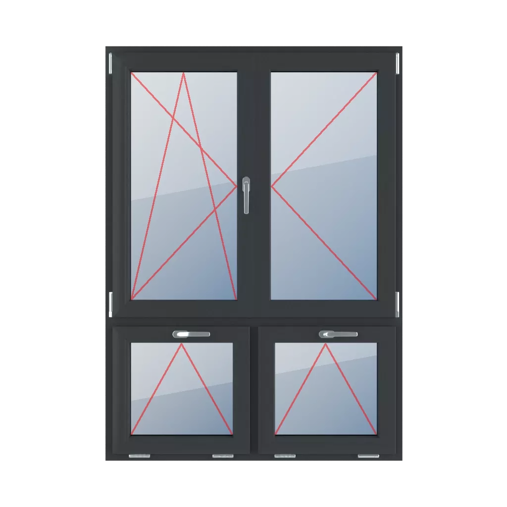 Kippen und Drehen nach links, Drehen nach rechts, beweglicher Pfosten, Kippen mit einem Griff oben fenster fenstertypen vierfluegelige-fenster asymmetrische-vertikale-teilung-70-30-mit-beweglichem-pfosten  