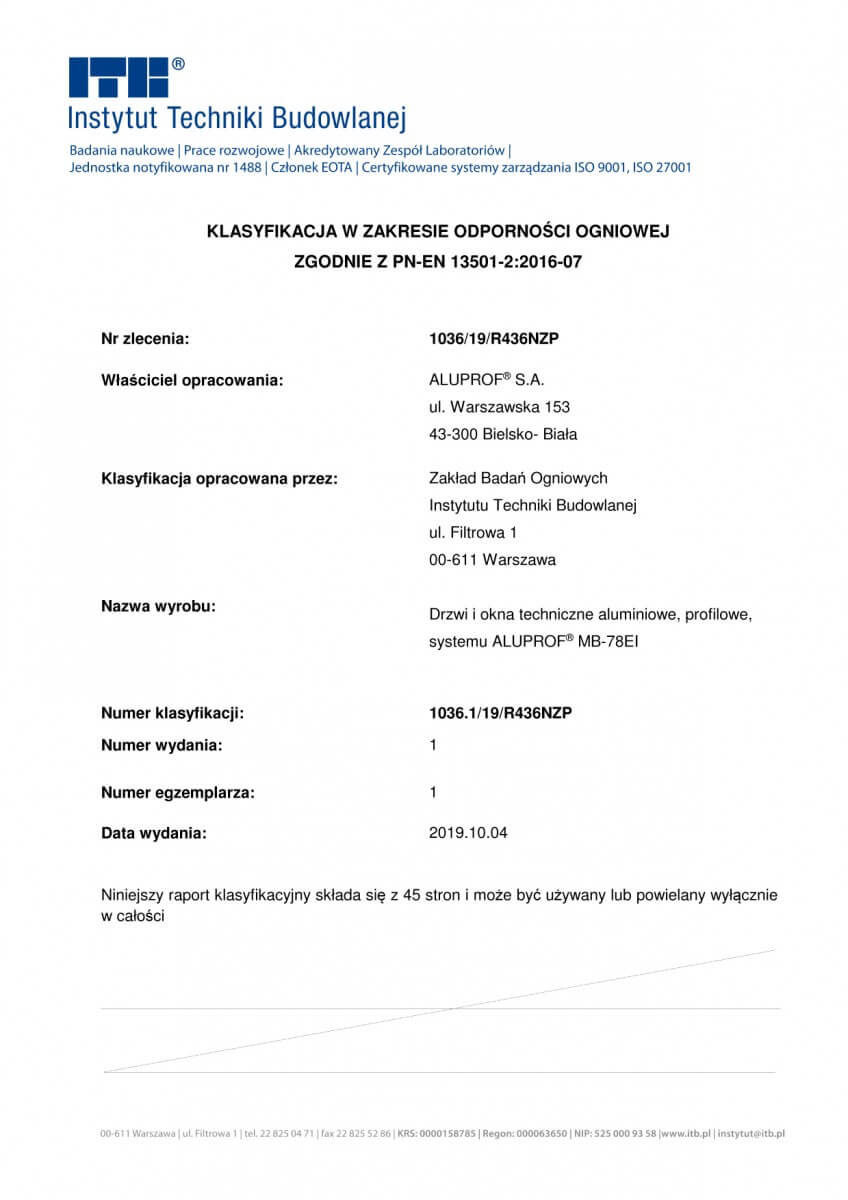 Certificate MB-78EI fenster fensterprofile aluprof mb-78ei  